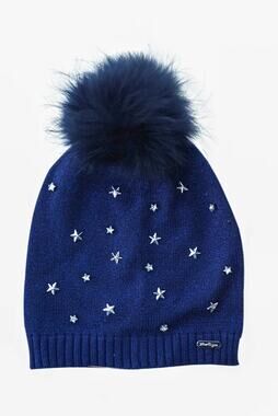 NWT Bari Lynn Kids Youth Studded Star Beanie w/ Navy Fox Fur Pom Pom